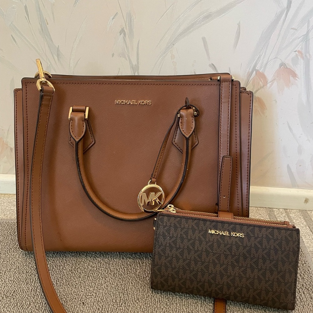 Michael Kors Brown Satchel and wallet with Gold Hardware